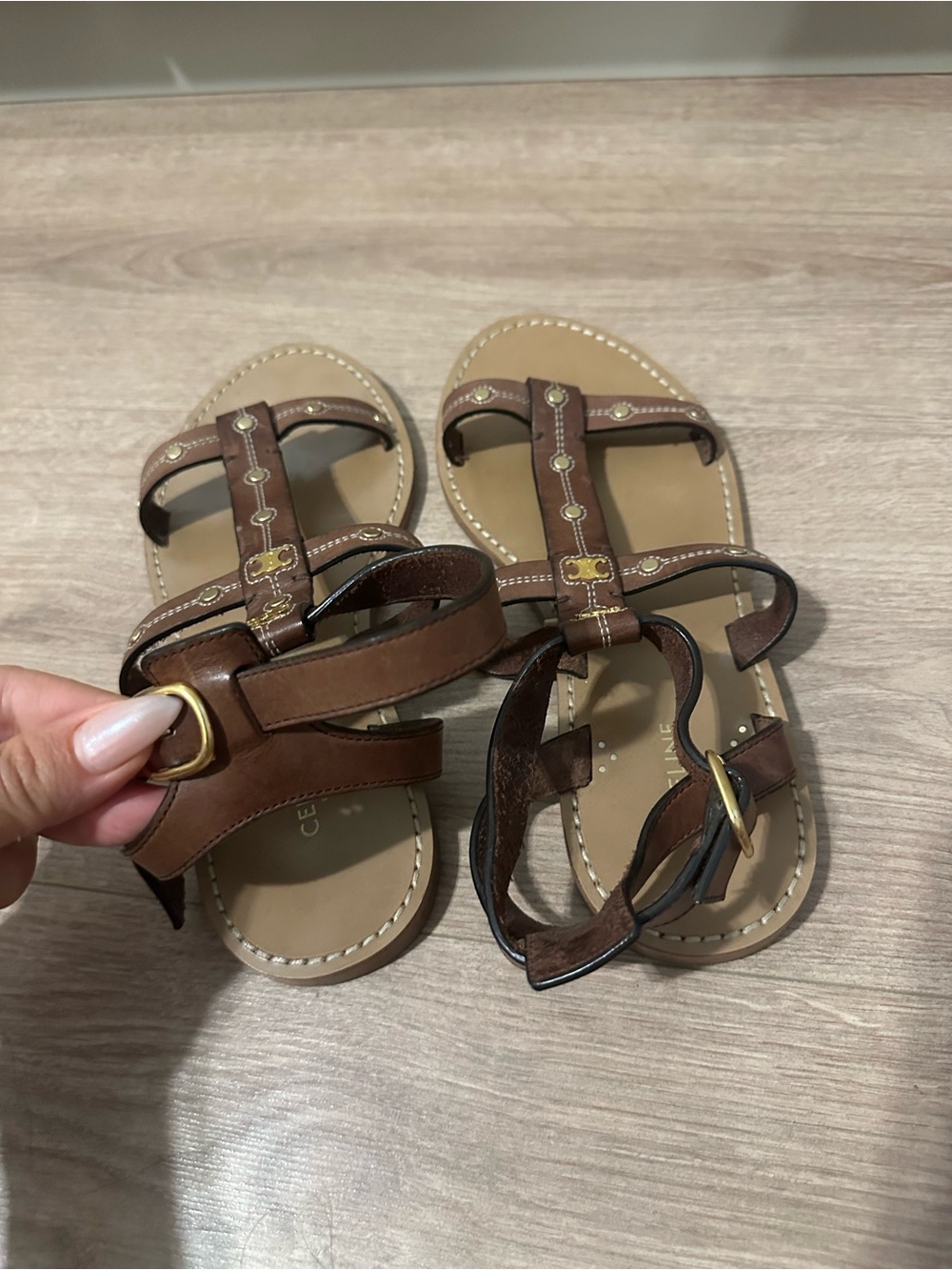 Celine Lympia Gladiator Brown Leather Studded T-Strap Women's Sandals Size 36 - Picture 2 of 6